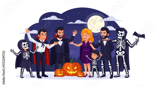 Halloween Night's Gathering: A group of people gather in a festive scene, adorned in a variety of costumes. The scene is filled with the essence of a Halloween night.