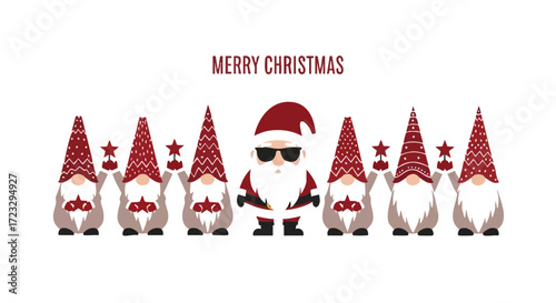Festive Santa and gnomes celebrate Christmas holding stars, spreading holiday cheer with 'Merry Christmas' message