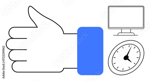 Thumbs-up hand with a blue cuff beside a clock and monitor, symbolizing efficiency, approval, and digital progress. Ideal for time management, productivity, success, teamwork, goal setting digital