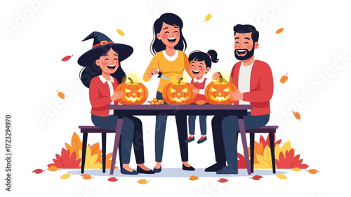 Spooky Family Moment: A happy family gathers around a table, carving jack-o'-lanterns together, dressed in halloween attire. conveying a spooky halloween feel and joyful autumn activities.