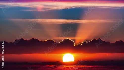 Spectacular Sunset Over Clouds with Radiant Sunbeams and Vibrant Colors