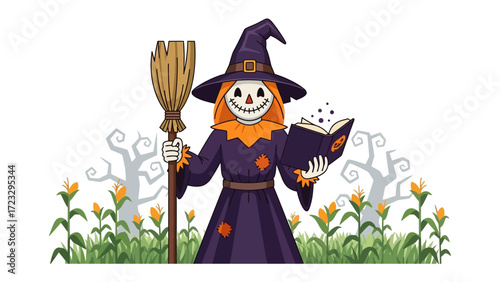Halloween Scarecrow's Magic: A whimsical illustration of a scarecrow casting a spell with a spellbook and a broom. The scene evokes the spooky charm of Halloween.