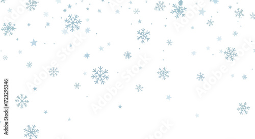 Whimsical light blue snowflakes and stars gently fall against a clean white background, creating a magical winter scene perfect for holiday designs.