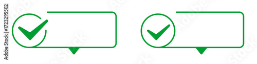 Green check mark icons with speech bubble frames.