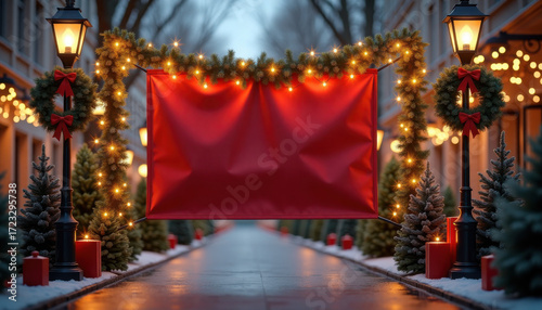 Wallpaper Mural Christmas banner. Christmas street decoration with red banner and lights Torontodigital.ca