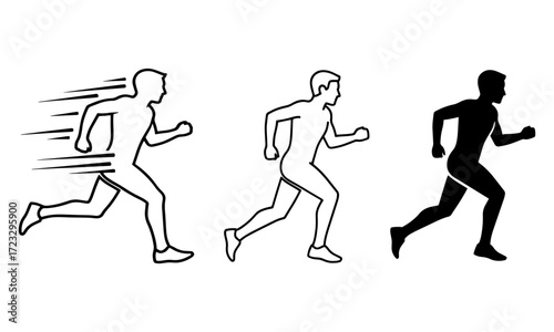 Vector art of three running man icon showing motion with speed lines, outline and solid black