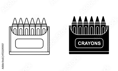 Vector art of box of crayons icon in outline and solid black
