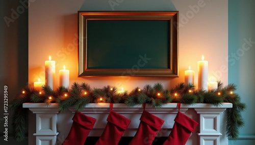 Wallpaper Mural Christmas banner. Cozy living room with stockings, candles, and holiday banner Torontodigital.ca
