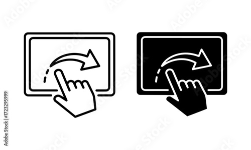 Vector of showing a hand swiping on a screenpad icon in outline and solid black