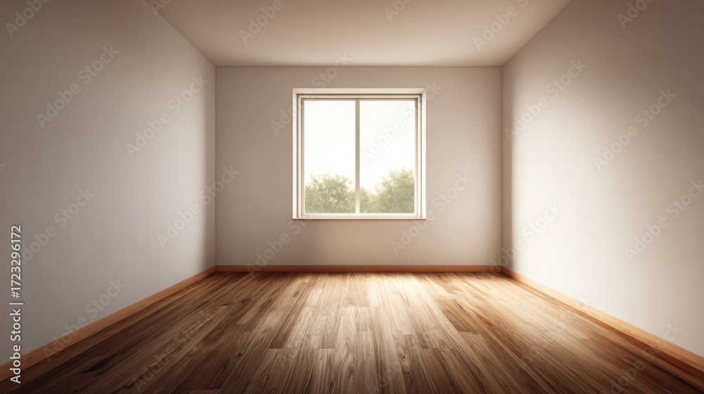 Fototapeta premium A minimalist interior space with light beige walls, polished wooden flooring reflecting sunlight from a central window,