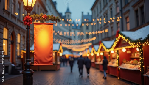 Wallpaper Mural Christmas banner. Christmas market with glowing lights and street banner Torontodigital.ca