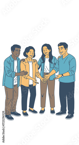 Four diverse people stand together indoors looking at something in their hands.