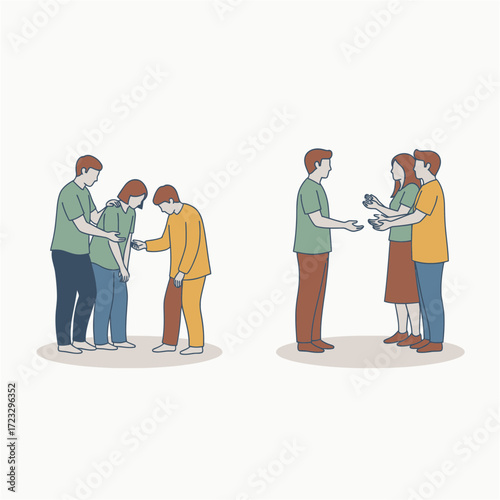 Two groups of people interacting with each other illustration on a white background.