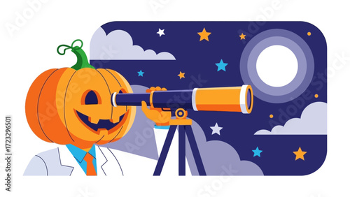 The Curious Astronomer: A whimsical pumpkin-headed astronomer gazes through a telescope under the starlit canvas of a night sky. The illustration is a seamless blend of curiosity and exploration.