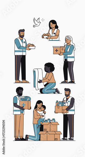 Diverse people volunteer donating and organizing boxes illustration on white background.