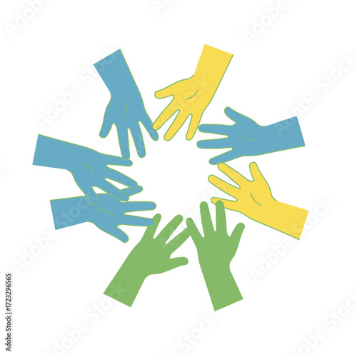 Circle of colorful gloved hands reaching inward on a white background.