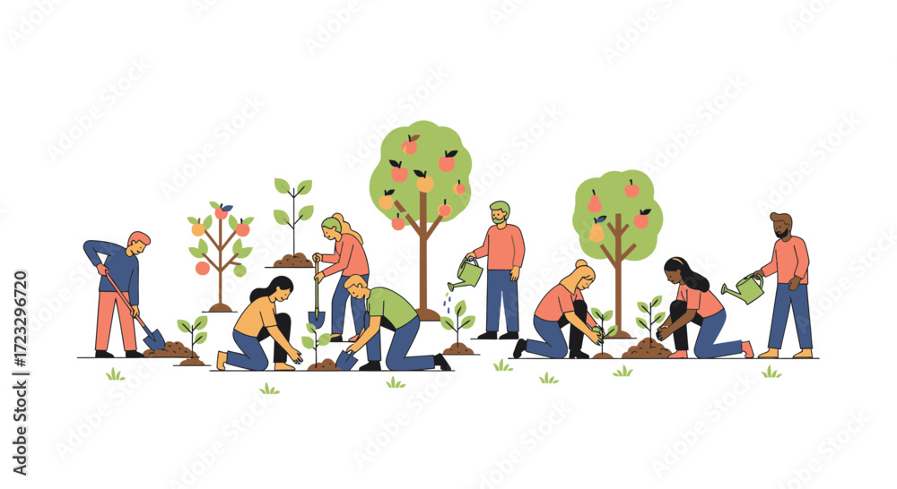 Fototapeta premium People planting trees and seedlings in a field on a sunny day.