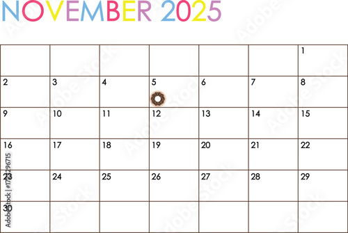 November 2026 month calendar. Simple colorful design with doughnut marking National Donut Day on November 5 day