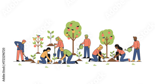 People planting trees and seedlings in a field on a sunny day.