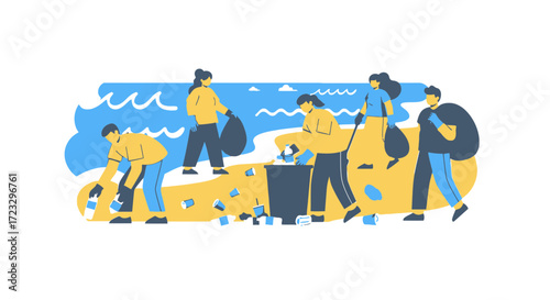 People cleaning trash on a beach near the ocean in a vector illustration.