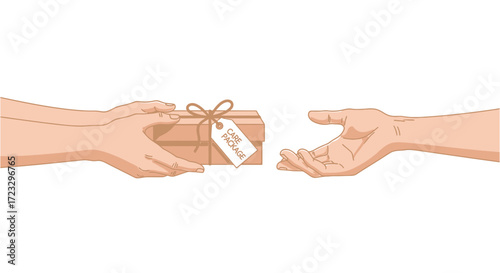 Hands giving a small wrapped gift with tag on a white background.