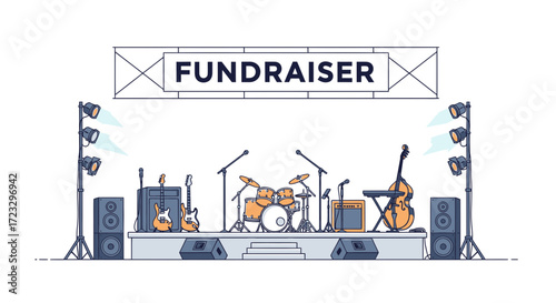 Stage with musical instruments and lighting for a fundraiser event illustration.