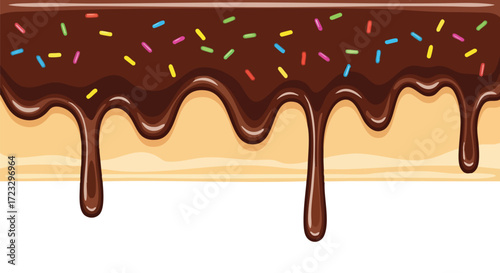 Mouthwatering chocolate glaze dripping down a cake with vibrant sprinkles, perfect for baking blogs, dessert promotions, and sweet treat designs