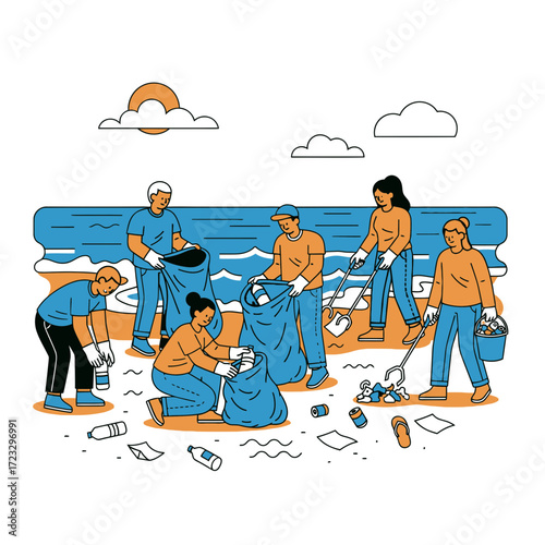 People cleaning up trash on a beach with ocean and sky background.