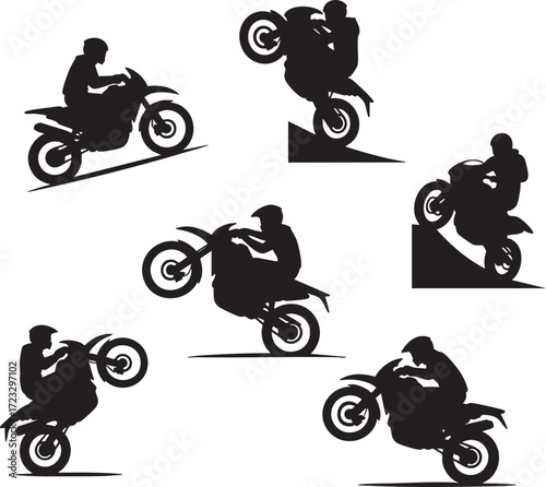 A Dynamic Set of Motocross Rider Silhouettes Performing Extreme Stunts, Wheelies, and Jumps on a Dirt Bike