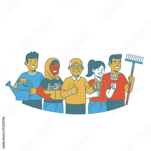 Cartoon illustration of a diverse group of people standing together smiling.