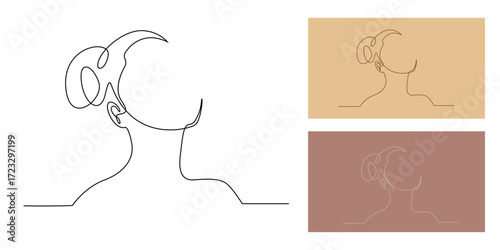 Continuous one line drawing of a woman with hair bun looking up. Minimalist female portrait outline vector, elegant modern design for beauty, hairstyle, fashion, and feminine art illustration.