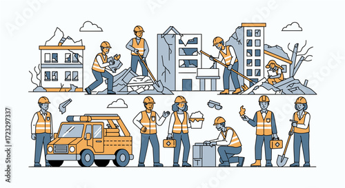 Cartoon illustration of construction workers and damaged buildings after a disaster.