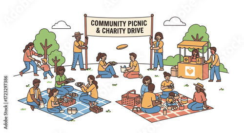 Cartoon illustration shows a community picnic with people trees and a stand.