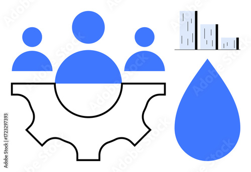 Gear with team symbolizing collaboration, bar chart indicating data growth, and water drop representing sustainability. Ideal for teamwork, productivity, innovation, growth, ecology, goal setting