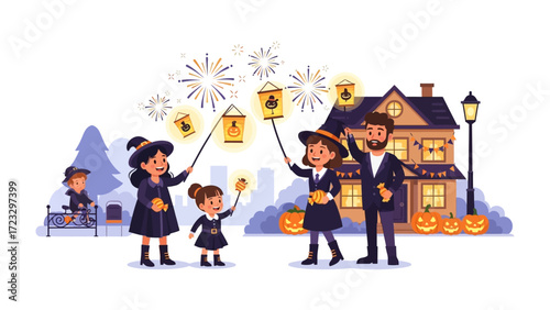 Halloween Lanterns: A family celebrates the spooky holiday. The children wear witch hats and the group is holding lanterns with other festive items in the background. 