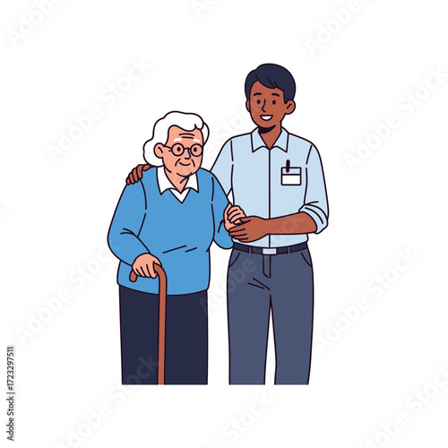 Man assists elderly woman with cane illustration isolated on white background.