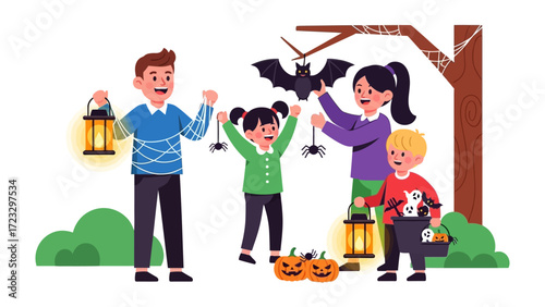 Happy Halloween: A vibrant family adorned in Halloween attire revels in the spirit of spooky season amidst a backdrop of pumpkins, bats, and lanterns.