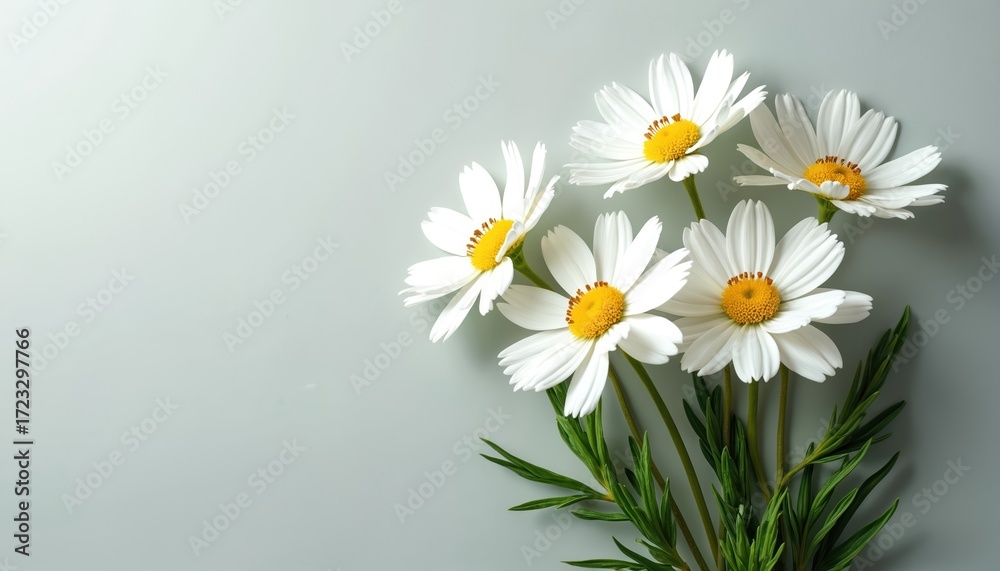 Obraz premium Daisies bouquet in circular arrangement with yellow centers and white petals on gray background. Flowers in perfect harmony creating balanced composition. Bright yellow and white colors stand out.