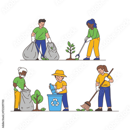 People cleaning up trash planting trees and sweeping in an outdoor setting.