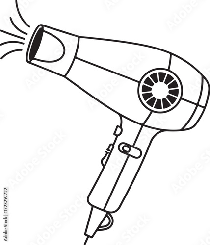 Vector art of a simple line drawing of a hairdryer blowing air