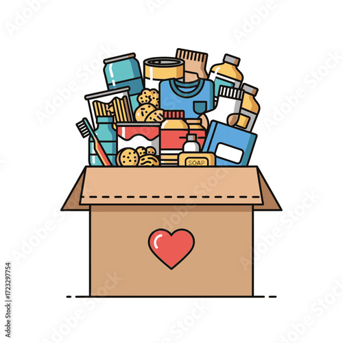 Box filled with assorted items with a heart symbol on the front.