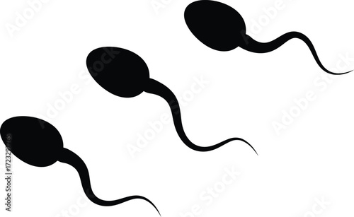 Three stylized black sperm cells illustration with tails swimming upward vector