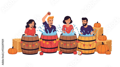 Autumn Barrel Fun: Four individuals engage in a lively apple bobbing game, surrounded by the cheerful ambiance of pumpkins and hay bales, embodying the spirit of autumn.