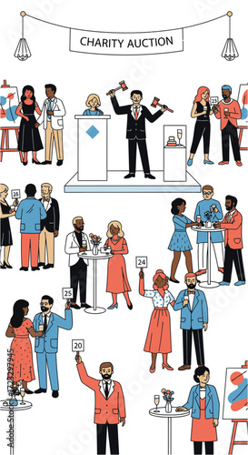 Illustration showing an auction with diverse people bidding and an auctioneer.