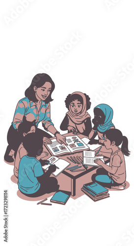 Woman and children sitting at a table playing a game with cards.