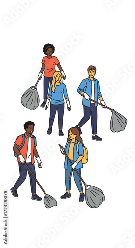 Group of people holding nets standing on a white background illustration.