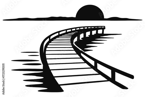 Curved boardwalk over water toward sunset, silhouette pathway, black on white