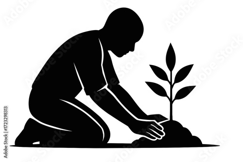 Silhouette person planting young tree seedling, eco gardening, black on white