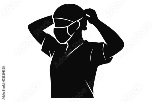Healthcare worker tying surgical mask, scrub cap silhouette, black on white