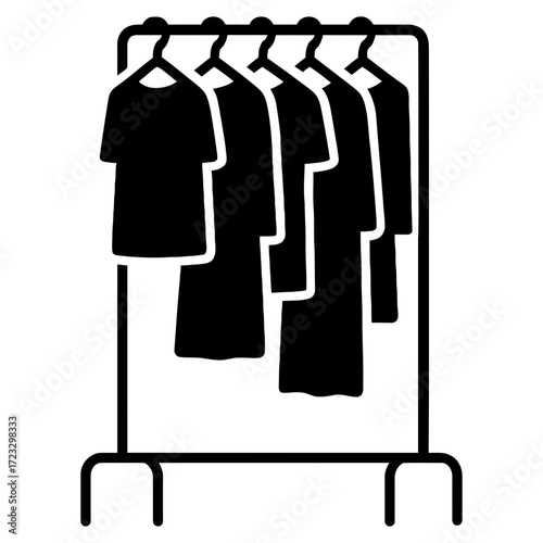 Clothing rack with garments on hangers, silhouette icon on white background
